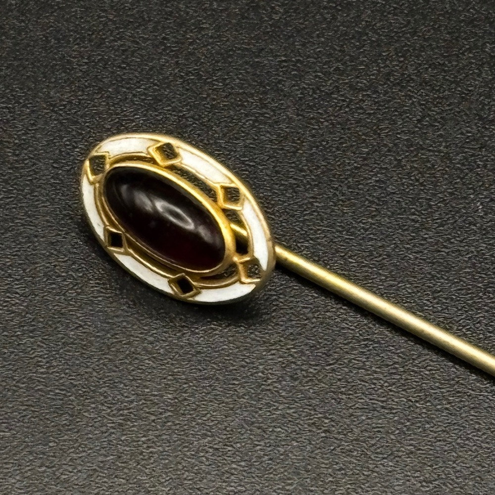 Vintage Stick Pin Gold Tone Red Glass White Enamel 2.83" - Picture 2 of 7